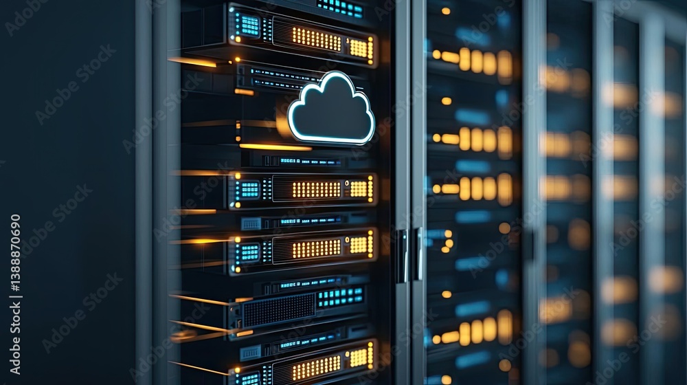 Poster clouds server intelligent innovation managing systems on earth concept. futuristic server room with 