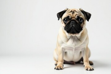 Obraz premium A single pug, viewed from front, on pure white backdrop, background, dog face
