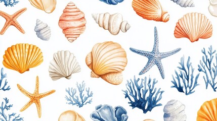 Watercolor seashells and coral seamless pattern on white background render