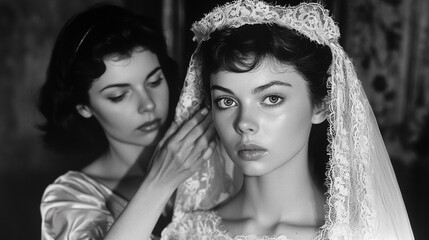 Naklejka premium A young brunette bride in a wedding dress stands near her middle-aged mother 