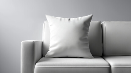 A single square pillow mockup with blank surface on a minimalist white couch.