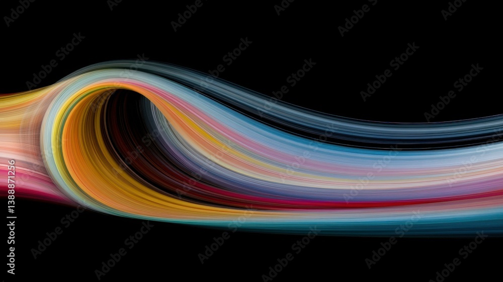 Poster abstract ribbon of colors: a dynamic, swirling stream of vivid hues flows across a dark canvas, show