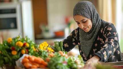 Woman Wearing Hijab Arranging Fresh Vegetables in Kitchen Setting