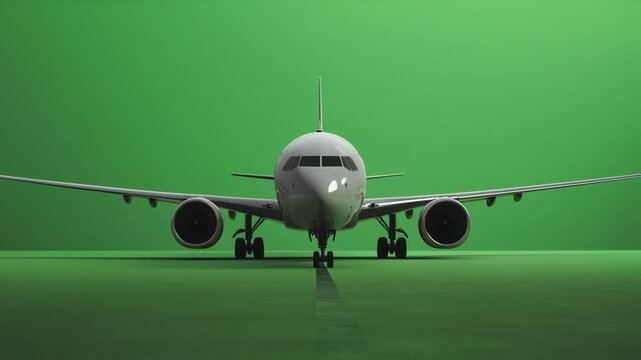 Commercial passenger airplane stationary on verdant green screen background, enabling seamless visual effects and chroma key compositing with professional aviation rendering
