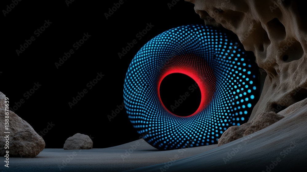 Poster geometric portal: an abstract composition features a luminous, toroidal form nestled within a cavern