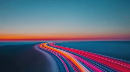 Dynamic Highway at Sunset: A vibrant highway curves gracefully into the distance, illuminated by a mesmerizing trail of light during the captivating sunset. A symbol of journey and progress.