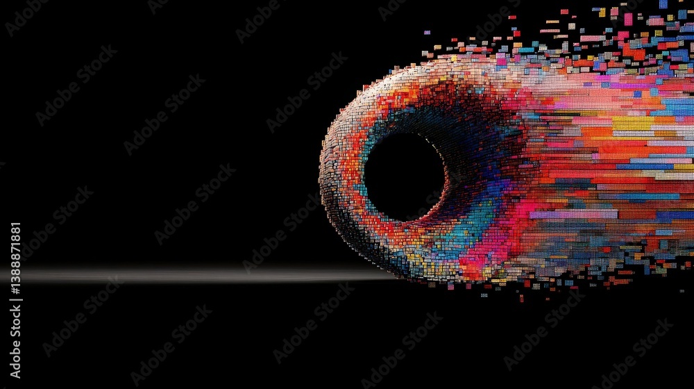 Poster digital explosion: a vibrant and abstract composition depicts a digital object undergoing disintegra