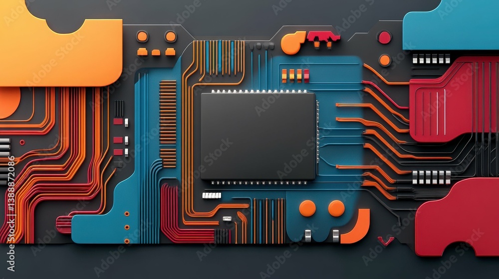 Poster circuit board design: a vibrant and intricate circuit board design, showcasing complex pathways and 