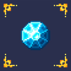 Fototapeta premium pixel art isolated icon blue diamond gem with gold frame for 2d rpg retro game