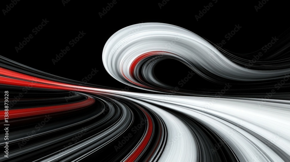 Poster dynamic lines in motion: an abstract artistic composition featuring fluid, flowing lines in red, bla