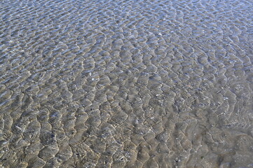 Clear shallow water of the Atlantic Ocean during low tide on the French coast. Sand ripples under transparent water creating natural texture and marine background.