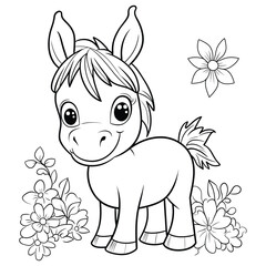 A cute cartoon donkey surrounded by flowers in a drawing