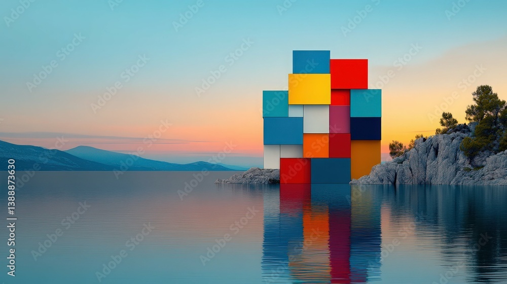 Poster stacked cargo containers: a vibrant stack of multicolored cargo containers rises from the edge of a 
