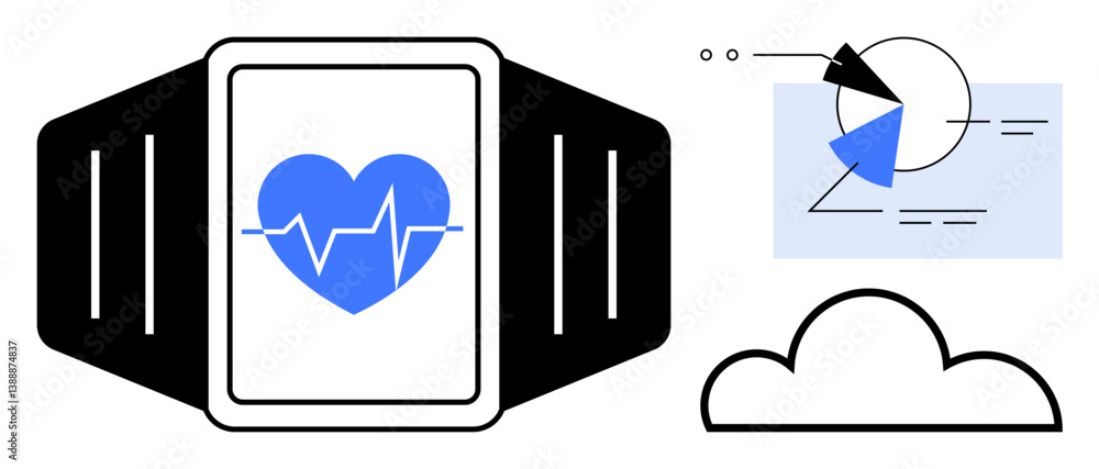 Poster smartwatch displaying heart rate with data visualization charts, geometric shapes, and a cloud icon.