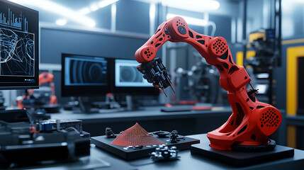 A robotic arm in a futuristic 3D scanning and modeling lab, surrounded by 3D scanners, computer systems