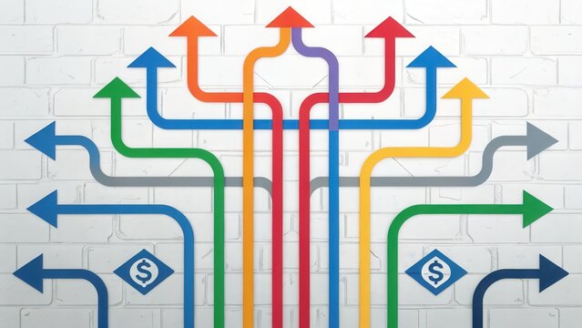 Colorful arrows intersecting on a brick wall represent choices and directions, symbolizing decisions in finance or business strategies.