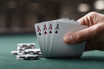 Four Aces Held In Hand Over Poker Table