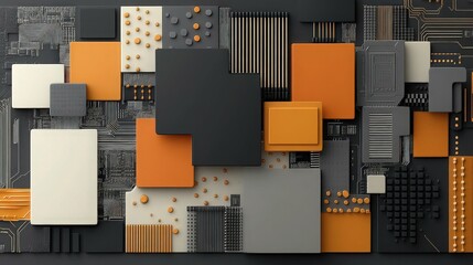 Tech Components Mosaic: An abstract array of technology components, squares, and geometric shapes with vibrant colors and intricate details, highlighting technological advancement.