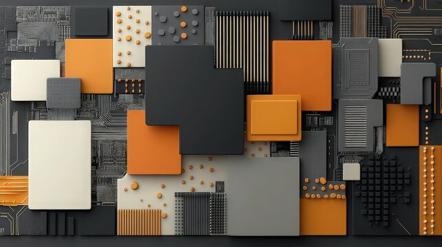 Tech Components Mosaic: An abstract array of technology components, squares, and geometric shapes with vibrant colors and intricate details, highlighting technological advancement. - Powered by Adobe