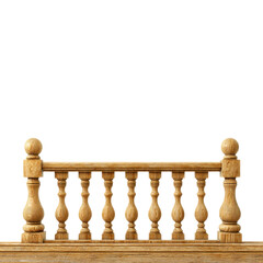 Wooden balustrade with carved pillars. Decorative architectural element for balconies, stairs, or terraces. Isolated on white.