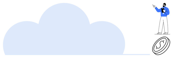 Large cloud with person pointing and explaining, coin element symbolizing financial value. Ideal for technology, cloud computing, data storage, fintech, business, networking digital economy. Flat