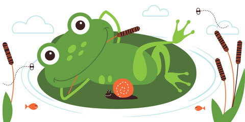 Kids Frog In The Pond. Cute characters in flat style. Vector illustration. White background