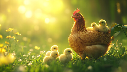 Mother Hen and Chicks in Sunlit Meadow