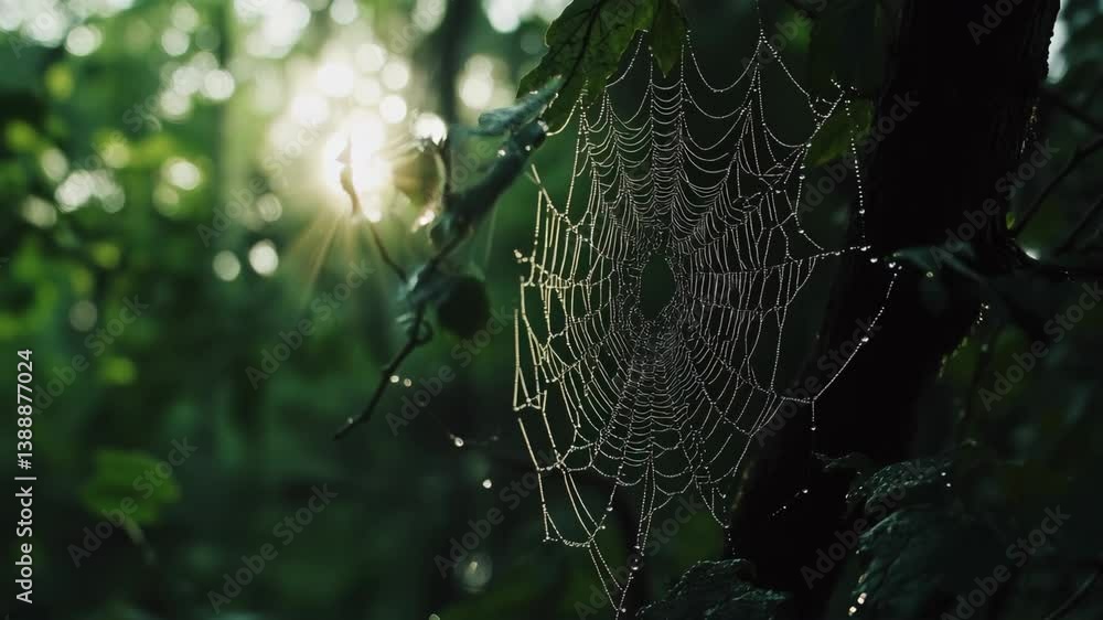 Poster close up view of a spider web adorned with dew drops sparkling in sunlight within nature