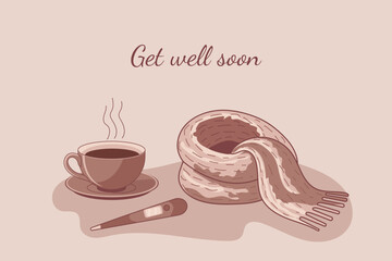 Warm get well soon vector with tea, scarf and thermometer. Soft tones and copy space make it ideal for health tips, recovery cards, wellness blogs or seasonal cold and flu content.