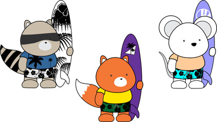 chibi surfer animals character cartoon pack collection in vector format