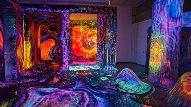Vibrant immersive art installation showcasing colorful projections in a modern gallery