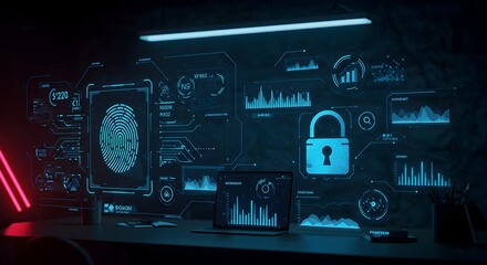 Obraz premium Cybersecurity Interface Displays Biometric Fingerprint and Padlock for Data Protection