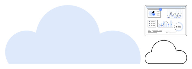 Large cloud graphic paired with a digital analytics dashboard showcasing graphs, charts, data trends, and a minimal line-drawn cloud. Ideal for technology, analytics, cloud storage, innovation