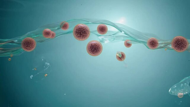 Overhead video to reveal intricate enzymes and nutrient clusters travelling through a vena cava, with key light and subtle fill