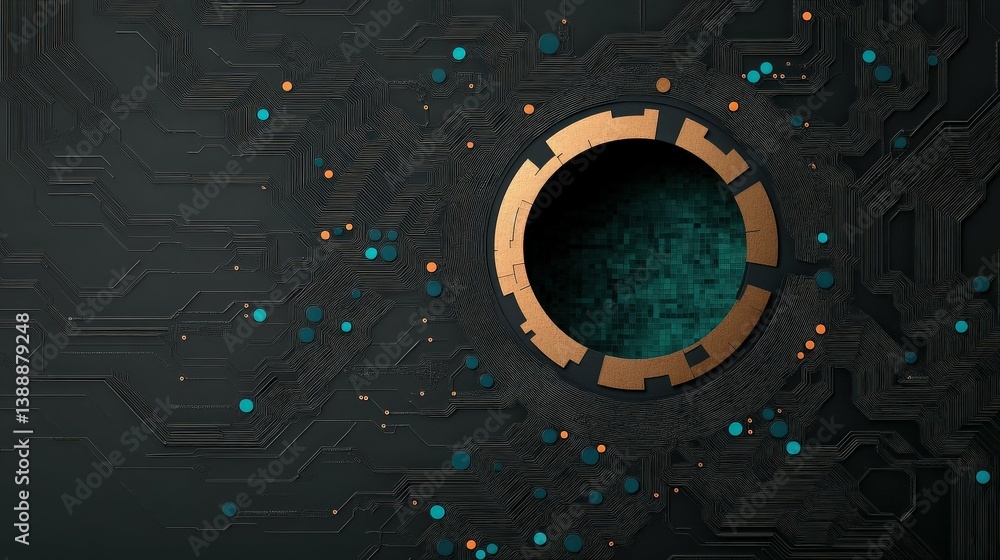Poster digital core: an abstract representation of a technological core, with intricate circuitry and a cen