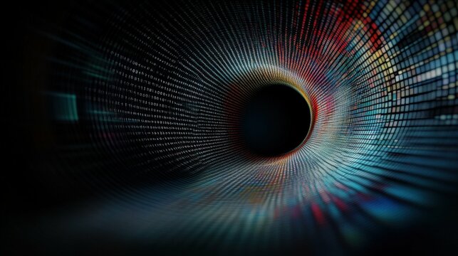 Fototapeta Digital Data Tunnel: An immersive digital representation of data visualization, a mesmerizing tunnel formed by lines of code converging towards a central point, hinting at the flow of information. 