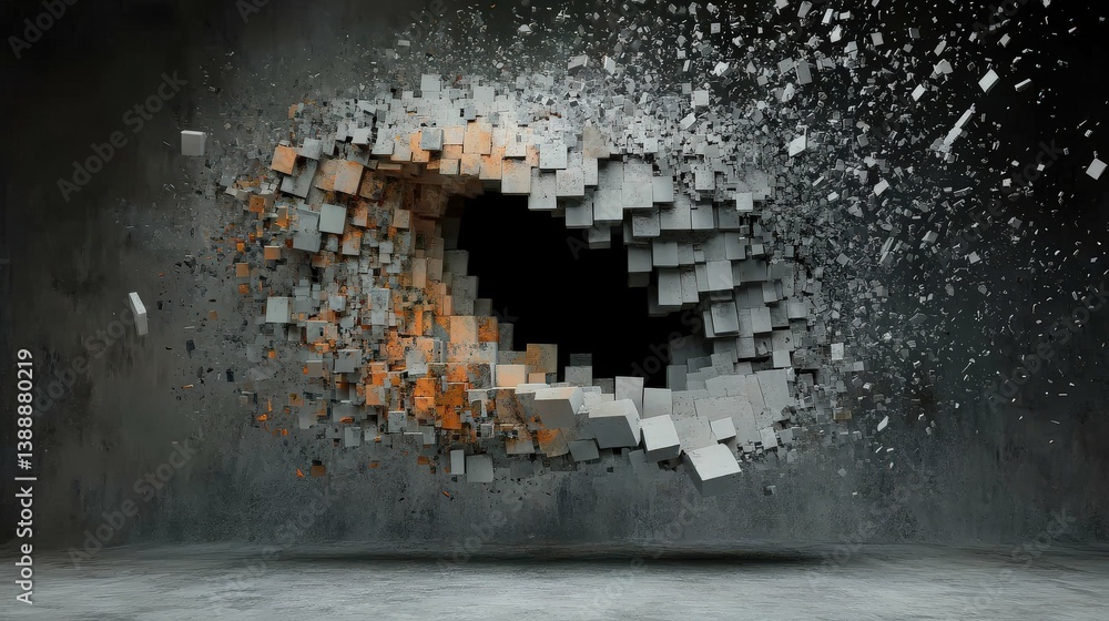 Poster explosive breakthrough: an eye-catching, high-definition shot shows a wall exploding with dynamic fo