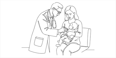 A pediatrician or nurse attentively examines a mother and her baby in a hospital clinic, ensuring their health and well being in a caring and professional environment.

