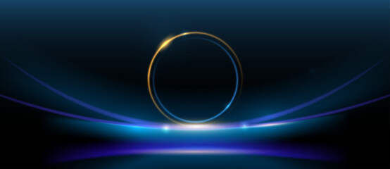 Abstract circle gold luxury background. Vector illustration element with gold wave line, glow neon light effect on dark, blue gradient color background. Graphic design for poster banner template