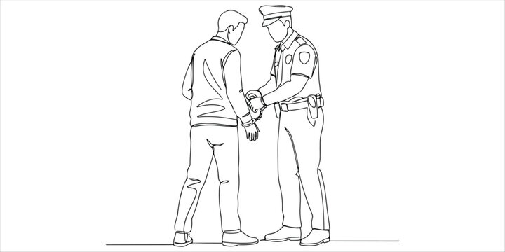 A police officer apprehends a suspect or criminal, firmly securing handcuffs around their wrists as part of the arrest process, ensuring law enforcement procedures are followed with authority.