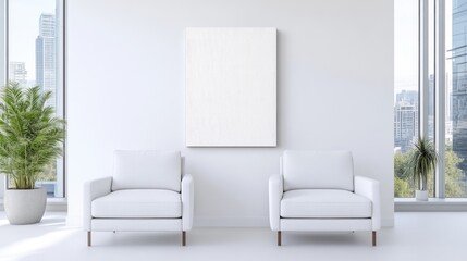 Modern minimalist interior with two armchairs and a blank canvas