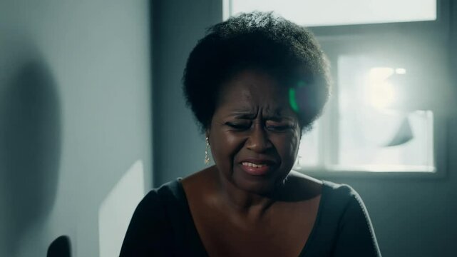 The camera slowly zooms in to a plus size middle-aged woman with ebony skin, seated near a window, visibly upset