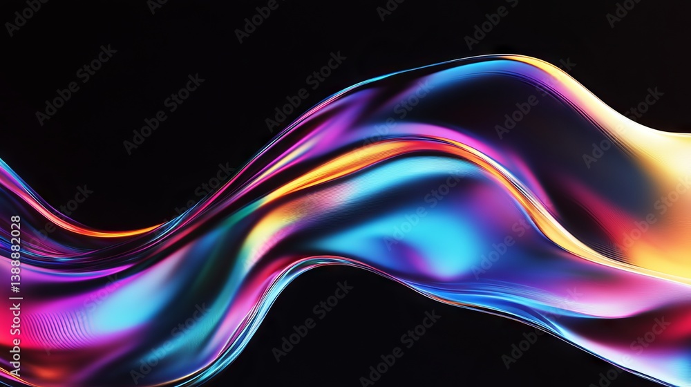 Poster abstract dark holographic iridescent neon fluid liquid glass wave swirling in motion with modern glo