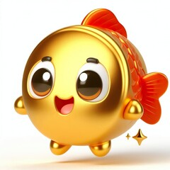 Fototapeta premium Animated character 3D image of happy gold red fish jumping, cute design, white background