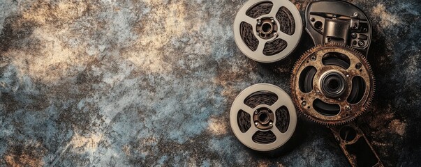 Vintage Film Reels on Weathered Surface