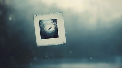 Misty forest bird photo slide, winter scene, nostalgic memory