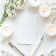 White Candles Flowers and Pen Arranged On a White Surface