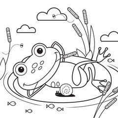 Kids Frog In The Pond. Black and White Frog Coloring Page for Kids. Cute, Hand-Drawn, Cartoon Characters and Simple Doodles