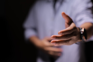 Businessman reaching out to shake hands, offer or welcome, recruitment and deal or thank you,...