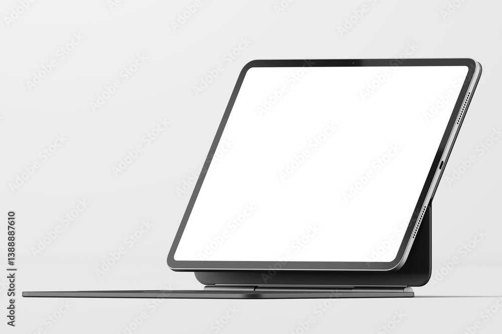 Poster black tablet device pro 13-inch with blank screen tablet, mockup magnetic case keyboard side view fl